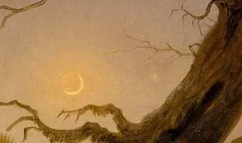 Sierp Księżyca na wieczornym niebie wśród gałęzi starego drzewa, fragment obrazu